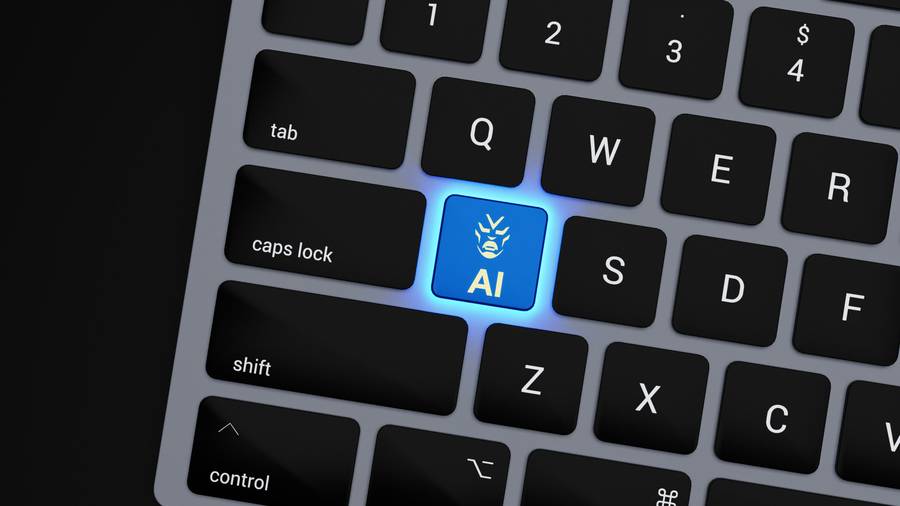 Close-up of a black keyboard with one glowing blue key labelled AI